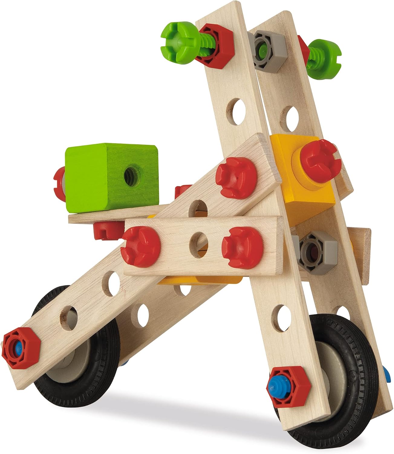 An assembled wooden scooter from the Eichhorn Constructor kit, featuring light wood, red and green plastic bolts, and black wheels. The scooter is viewed from a slight angle.