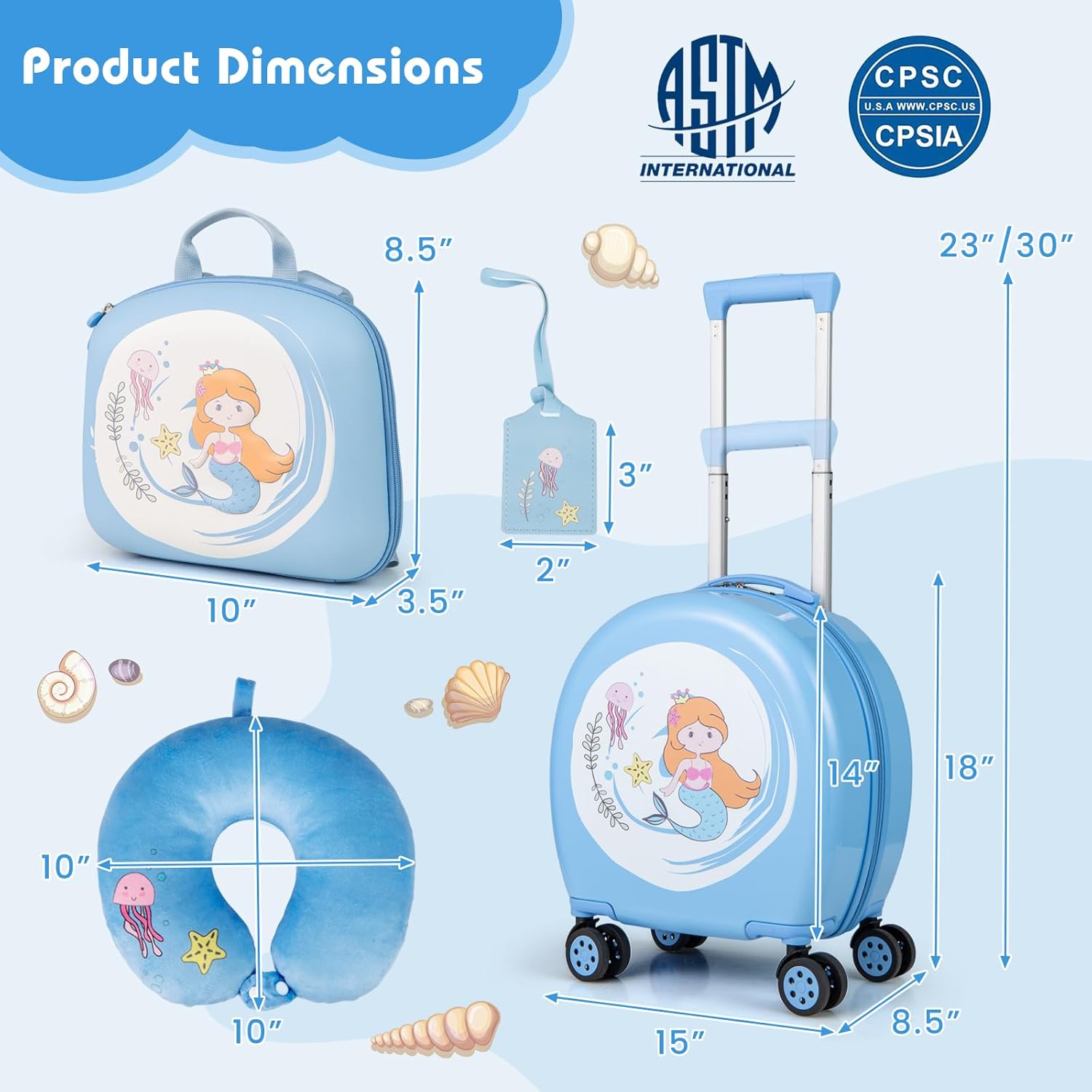 Goplus 4 Piece Kids Luggage Set, 14” Carry-on Hardside Spinner Luggage w/ 10” Backpack, Neck Pillow, Toddler Travel Rolling Suitcase for Boy Girl Children (Blue Mermaid)