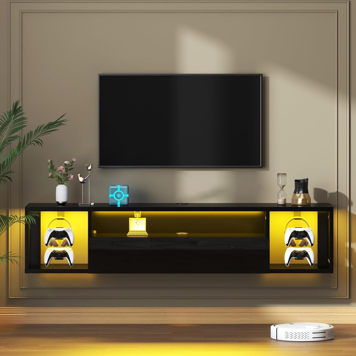 SogesHome Black Wall Mounted TV Stand with Storage Shelf, 55 inch Floating Wall TV Cabinet Stand with LED Lights,Modern Entertainment Center Media Console Table with Headphone Hooks