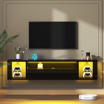 SogesHome 55 Floating TV Stand with LED Lights, Wall Mounted Entertainment Center with 3 Storage Shelves, Modern Media Console Cabinet for Living Room and Bedroom, Black