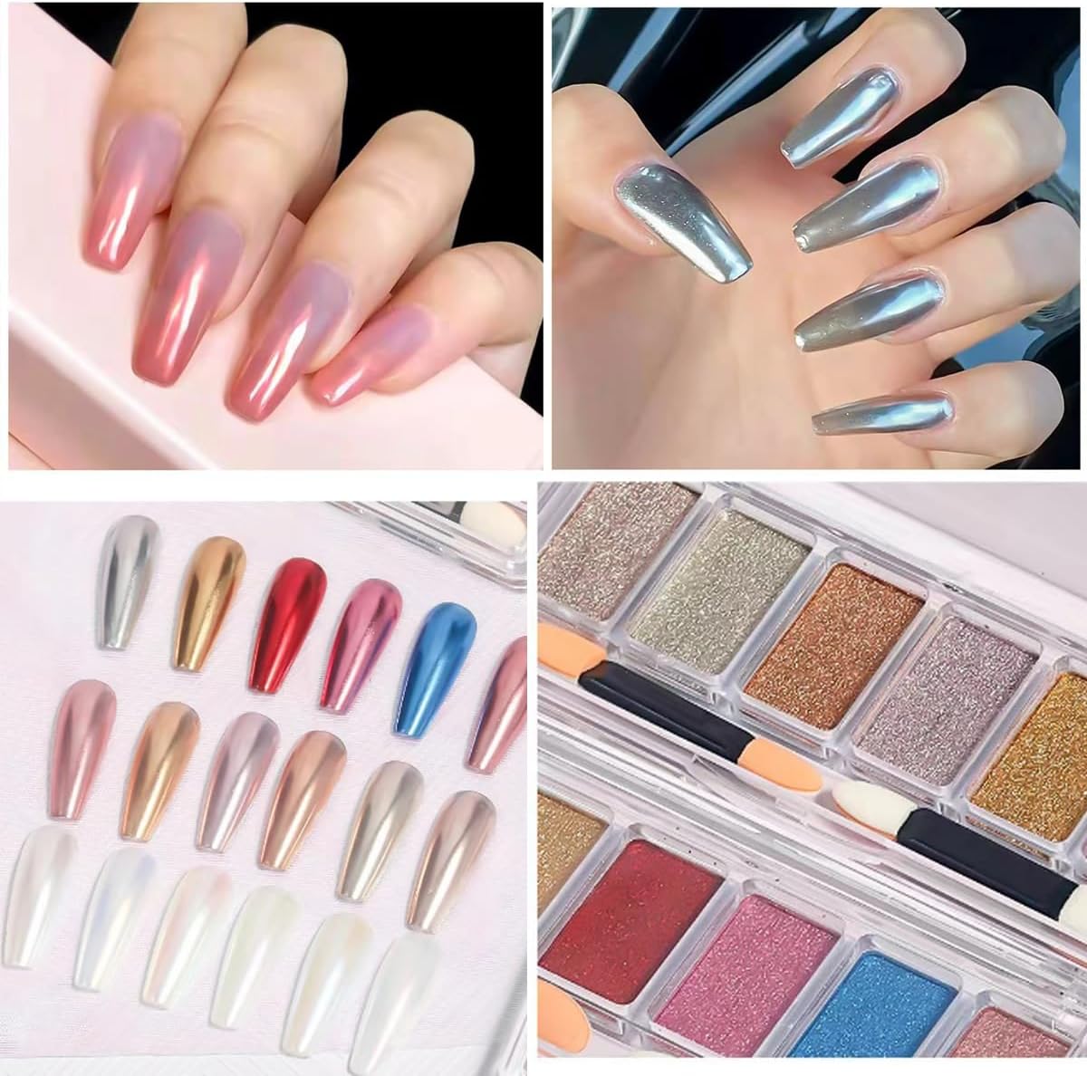 COOSLIM Gold Silver Chrome Nail Powder, 6 Colors Holographic Iridescent Nail Chrome Powder, Metallic Mirror Effect Gold Champagne Chrome Powder Palette Pigment Glitter for Nail Art A