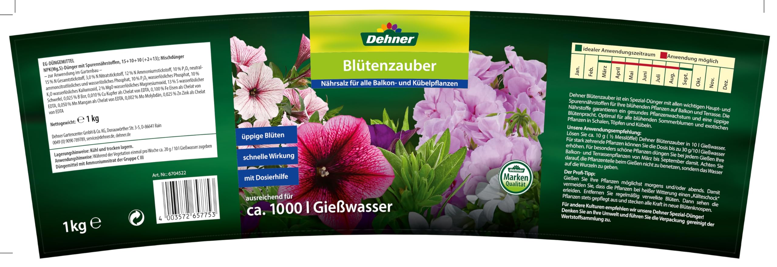 Dehner Bltenzauber, Spezialdnger fr Balkon- und Kbelpflanzen, 1 kg, fr  ca. 1.000 l : Amazon.de: Garten