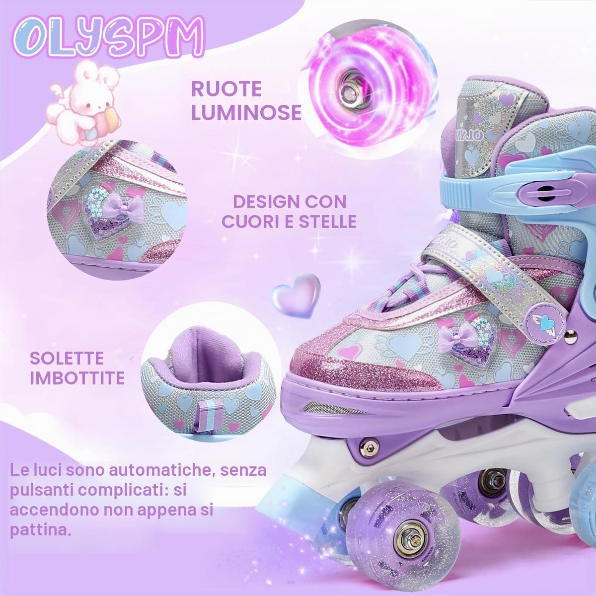Pattini a Rotelle Bambina con Cuori Sognanti e Ruote Luminose, 4 Taglie Regolabili