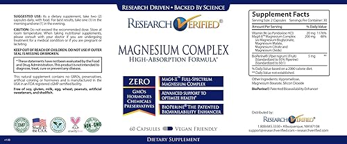 Miniatura 2 de Research Verified Complejo de magnesio - Soporte cerebral, muscular y nervioso - Bisglicinato de magnesio, malato, citrato y óxido - Bioperina - 360
