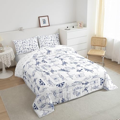 Miniatura 2 de Feelyou Juego de ropa de cama con estampado de aviones para niños y niñas, juego de funda de edredón de microfibra estilo boceto azul y blanco,