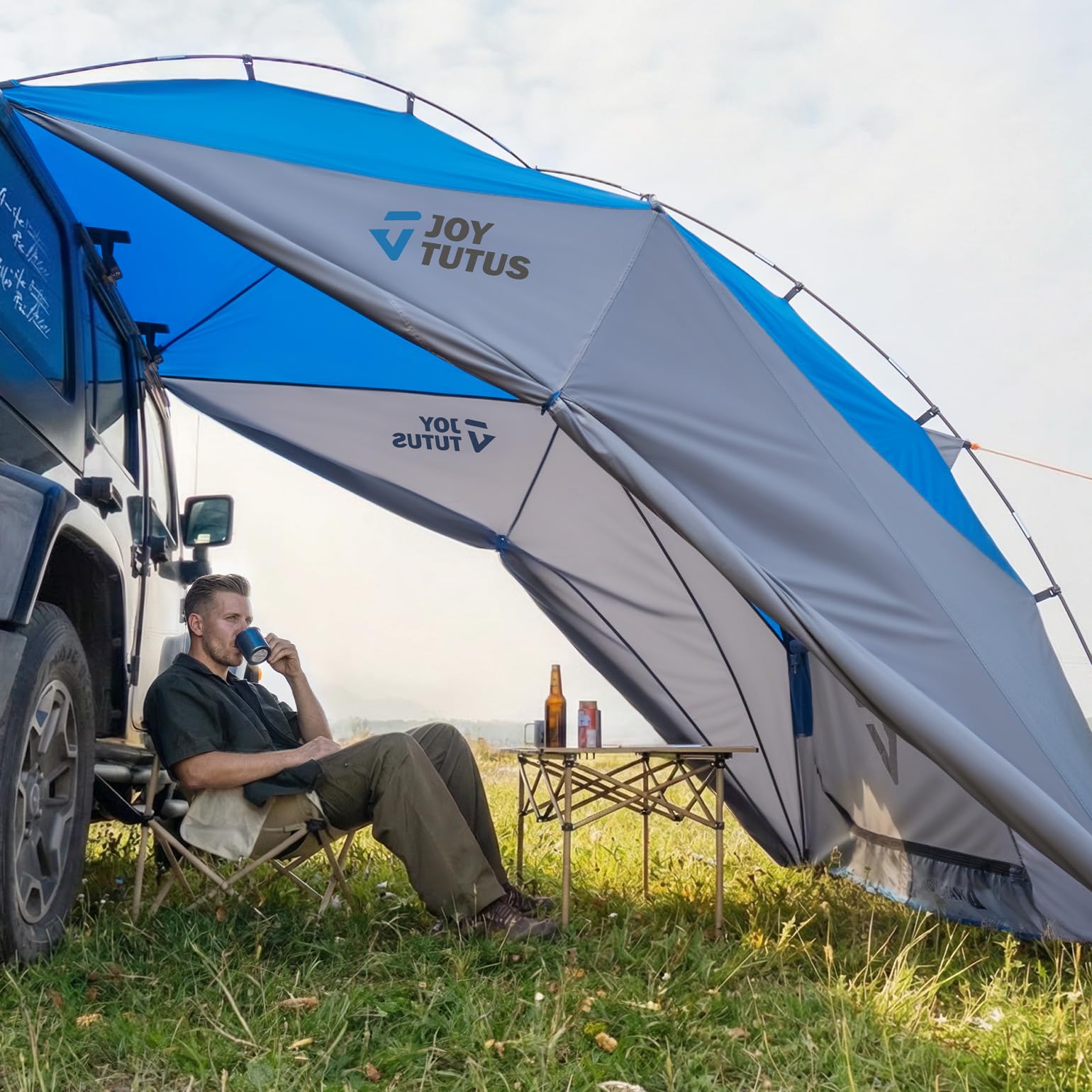 car mount tent JOYTUTUS Shelter with Full-Coverage Sunshade for Side or Rear, Universal Vehicle Awning and Car Camping Tent, Easy Set-up Buckles, Roll up Sides and Windows, UV50+, Rainproof, Gray Blue Size:20 inch Das Sonnensegel ist beim Offering a foam queen stock<=6
