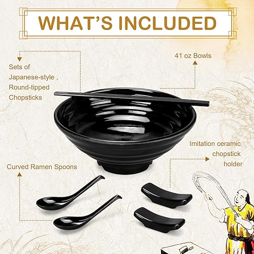 Miniatura 3 de Yaomiao Juego de 8 cuencos japoneses para ramen (total de 32 piezas) con palillos y soportes, cuencos de sopa de 41 onzas, cuencos de melamina para