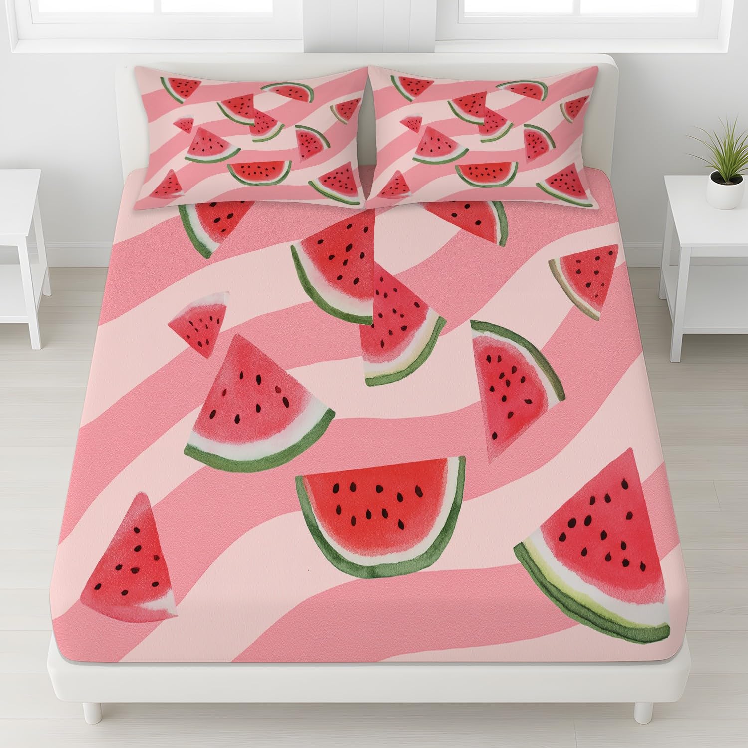 Wassermelonen-Dreiecke, Frische Scheiben Spannbettlaken 160 x 200 cm - Bettlaken Pflegeleicht, Knackiger Sommer, Lebendig Verspielt, Bettwäsche-Set, 3-teiliges Kinderzimmer, Schlafzimmer