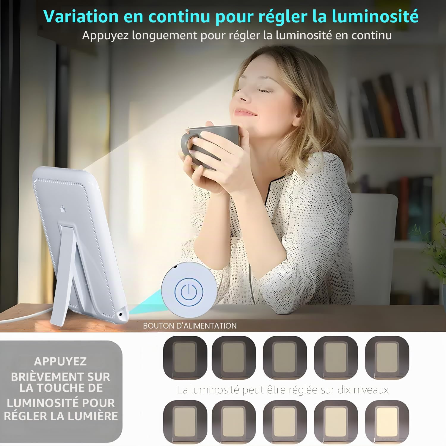 WY8 Grande lampe de lumière du jour, lampe de thérapie à DEL, lumière SAD, 20 000 lux, 3 modes de couleur, 10 intensités de lumière réglables, minuterie, contrôle tactile, lampe solaire pour la maison