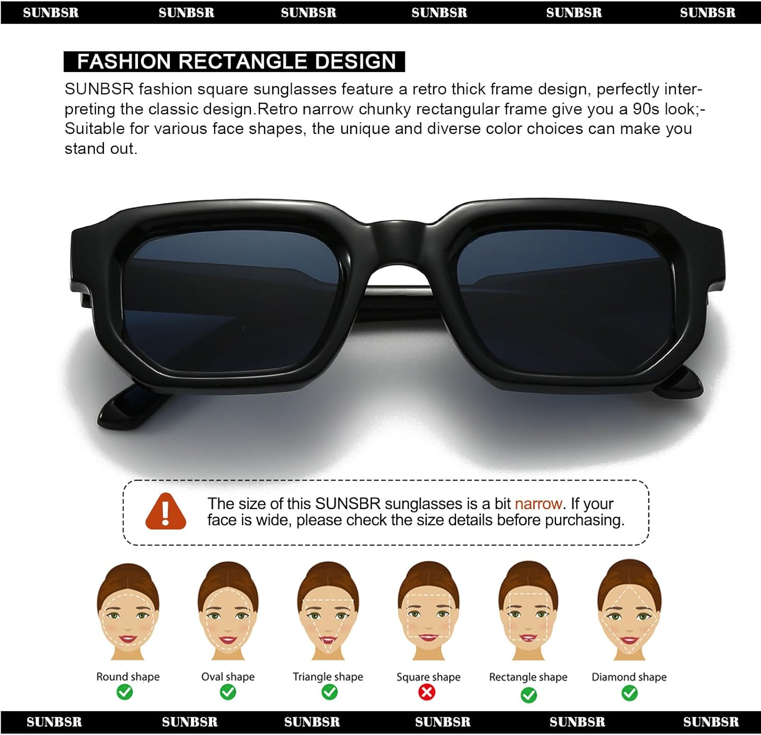Retro Rectangle Sunglasses for Men Women Trendy Small Square Thick Frame Sun Glasses 90s Vintage Shades - Image 5