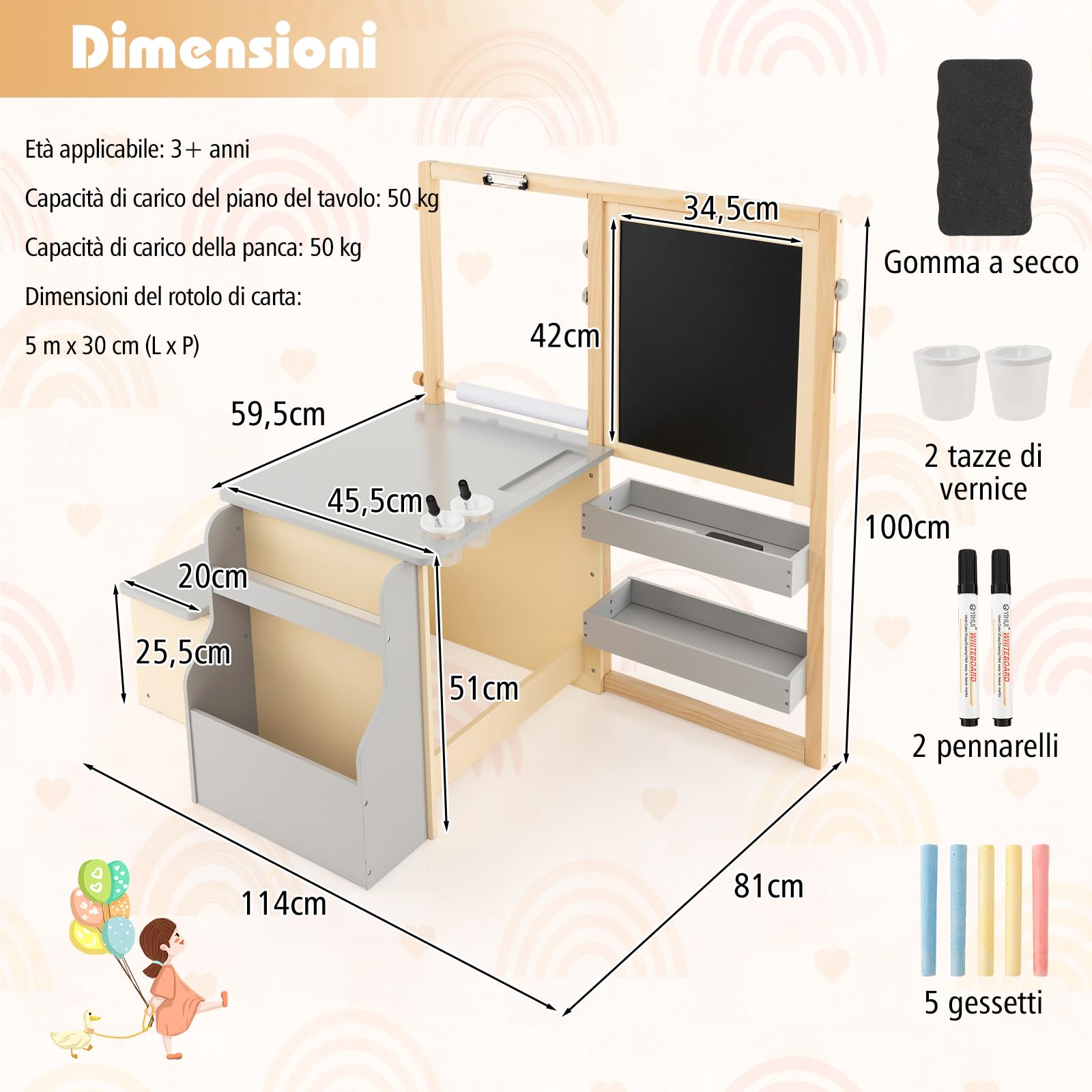 RELAX4LIFE Set Tavolo con Sedie 3 in 1, Cavalletto Regolabile/Scaffale/Scrivania/Lavagna Bianca/Lavagna Nera/Libreria con Tazze,Pennarelli,Gomma, Gessetti,114x81x100 cm (GRIGIO)