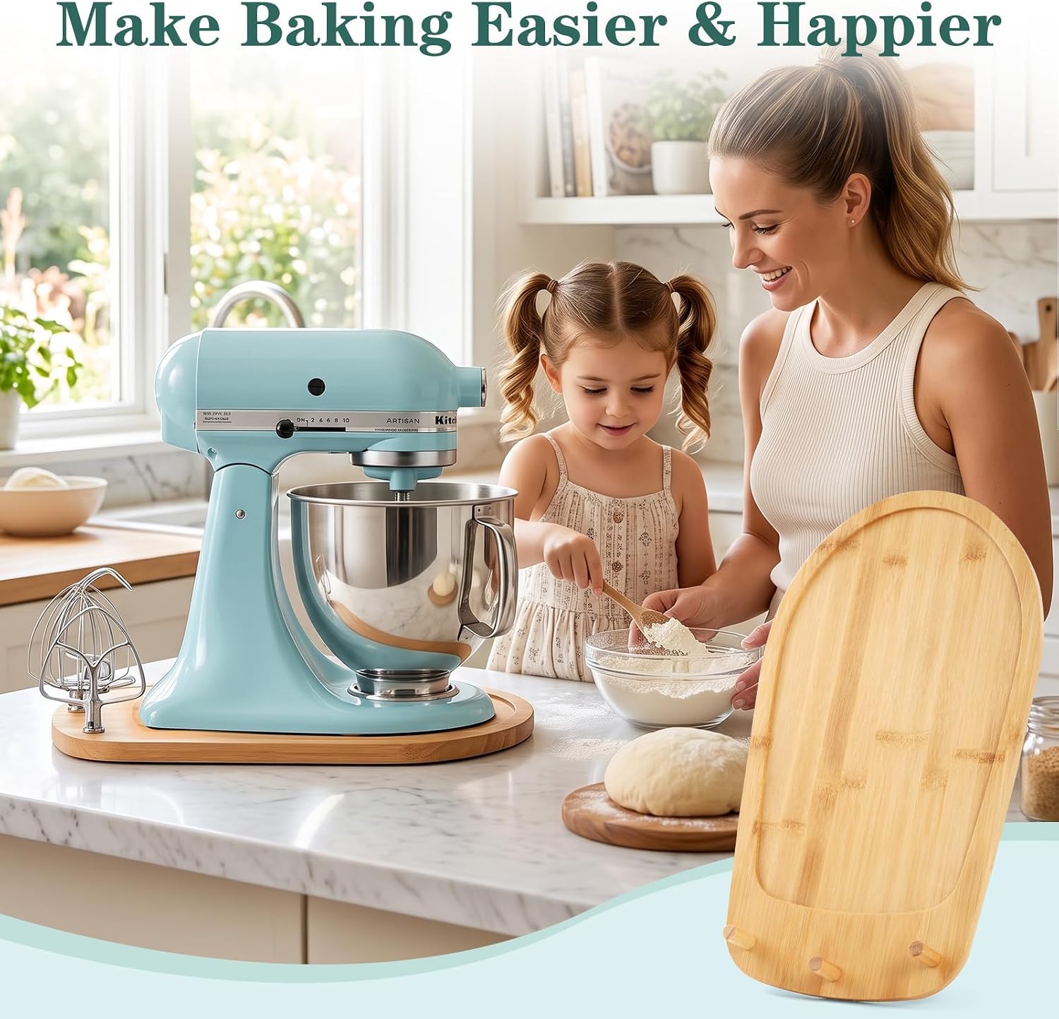 2-in-1 Stand Mixer Slider for KitchenAid 4.5-5 Qt | Upgraded Appliance Slider Mat for Kitchenaid Premium Solid Bamboo Scratch-Resistant Surface, Built-in Storage Tray