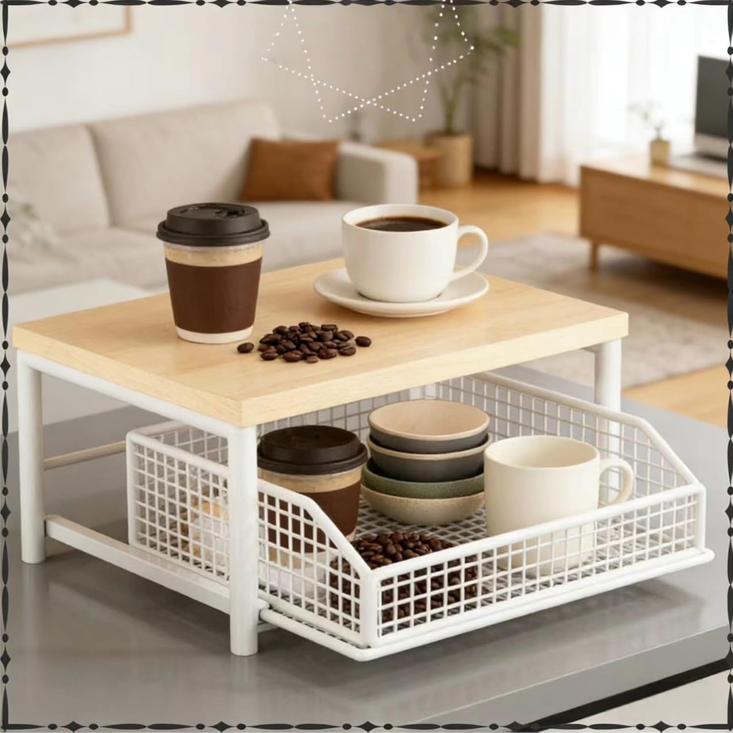 Kitchen Countertop Organizer with Drawer & Wire Basket - Sturdy Hardwood Shelf, Space-Saving for Coffee Maker, Seasoning bottle, Kitchenware (A#1PC)