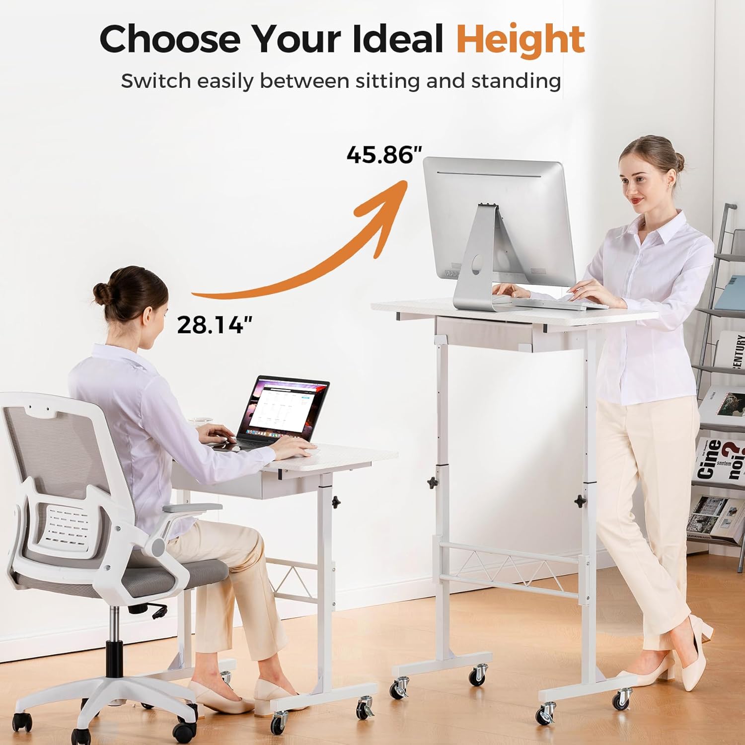 GTPLAYER Small Mobile Standing Desk, 32In Wide Adjustable Height Stand Up Desk for Home Office, Portable Sit Stand Rolling Computer Desk with Wheels Storage Drawer and Slot, Carbon Fiber Style White