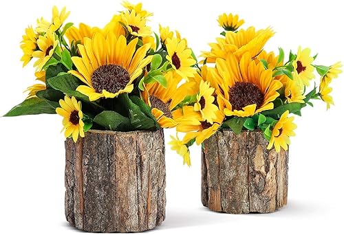 AceList Girasoles artificiales para decoración de primavera, flores pequeñas en maceta en macetas de tronco, centros de mesa para el día de la