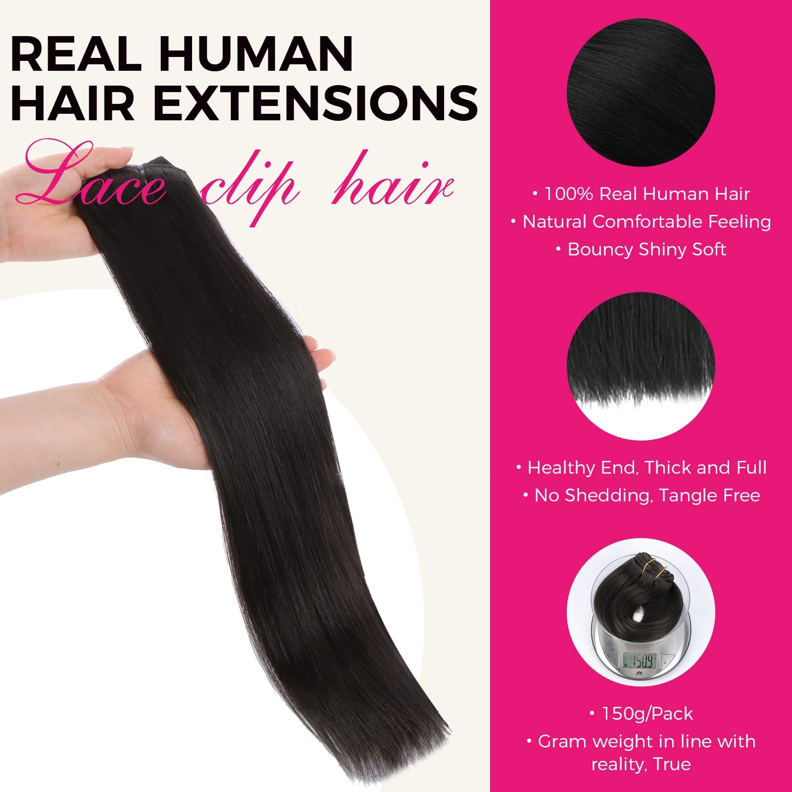 Clip In Human Hair Extensions 22 Inch 150g 9pcs Real Thick Straight Weft Amazon.com : Lashey Clip in Hair Extensions, Straight 9pcs  main image 3