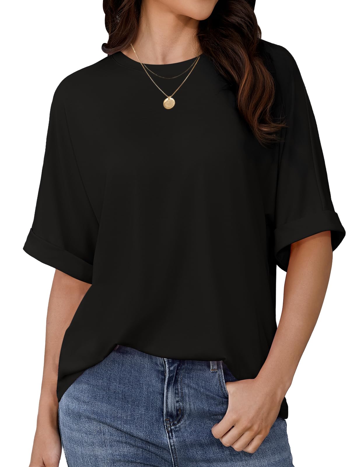 Fashora Tshirt Damen Oversize T Shirt Damen Oberteile Sommer Rundhals Kurzarm Shirts mit Gekrempelten Ärmeln Casual Lockere T-Shirt Enfarbig Basic Tee Tops Tunika Bluse