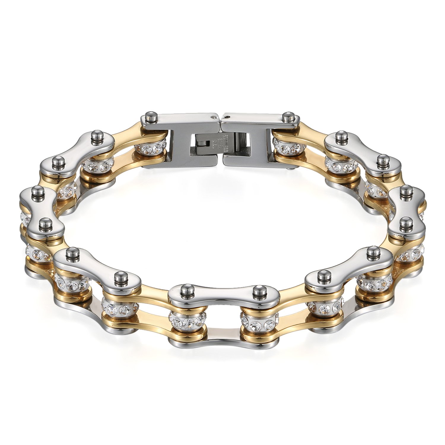 JewelryWe Schmuck Herren Armband, Top-Qualität Fahrradkette Motorradkette Hochglanz Poliert Armkette, Edelstahl Strass, 3 Farben