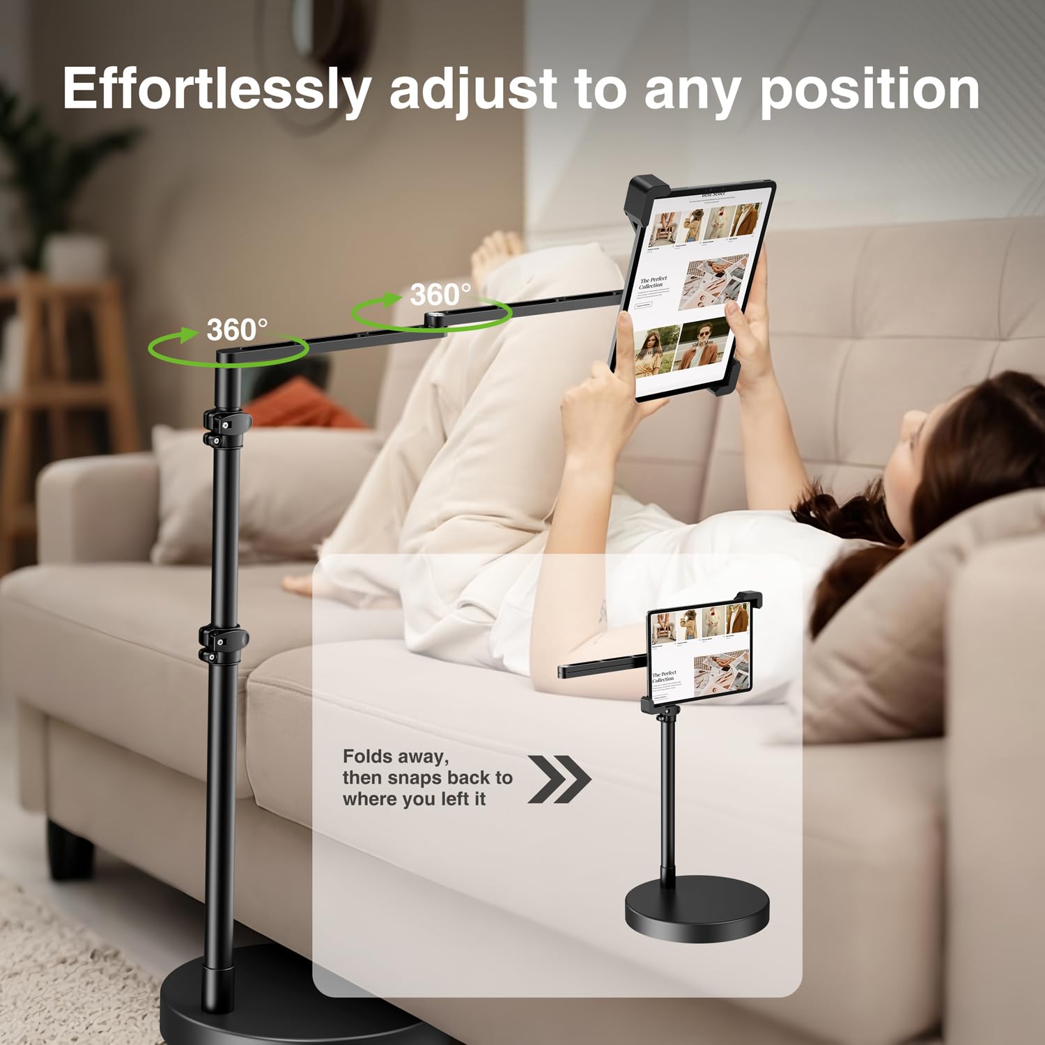 elitehood Diagonal iPad Ständer Höhenverstellbar mit 61cm Langer Arm | Tablet Bodenständer mit 6.3 kg Schwere Basis, Verriegelbare iPad Halterung Bett für iPad Pro Air Mini & 9–13" Tablets