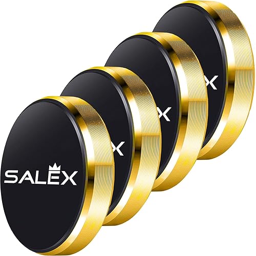 SALEX Paquete de 4 soportes magnéticos planos con adhesivo 3M. Soporte dorado para teléfono celular que se pega en el tablero del automóvil, pared,