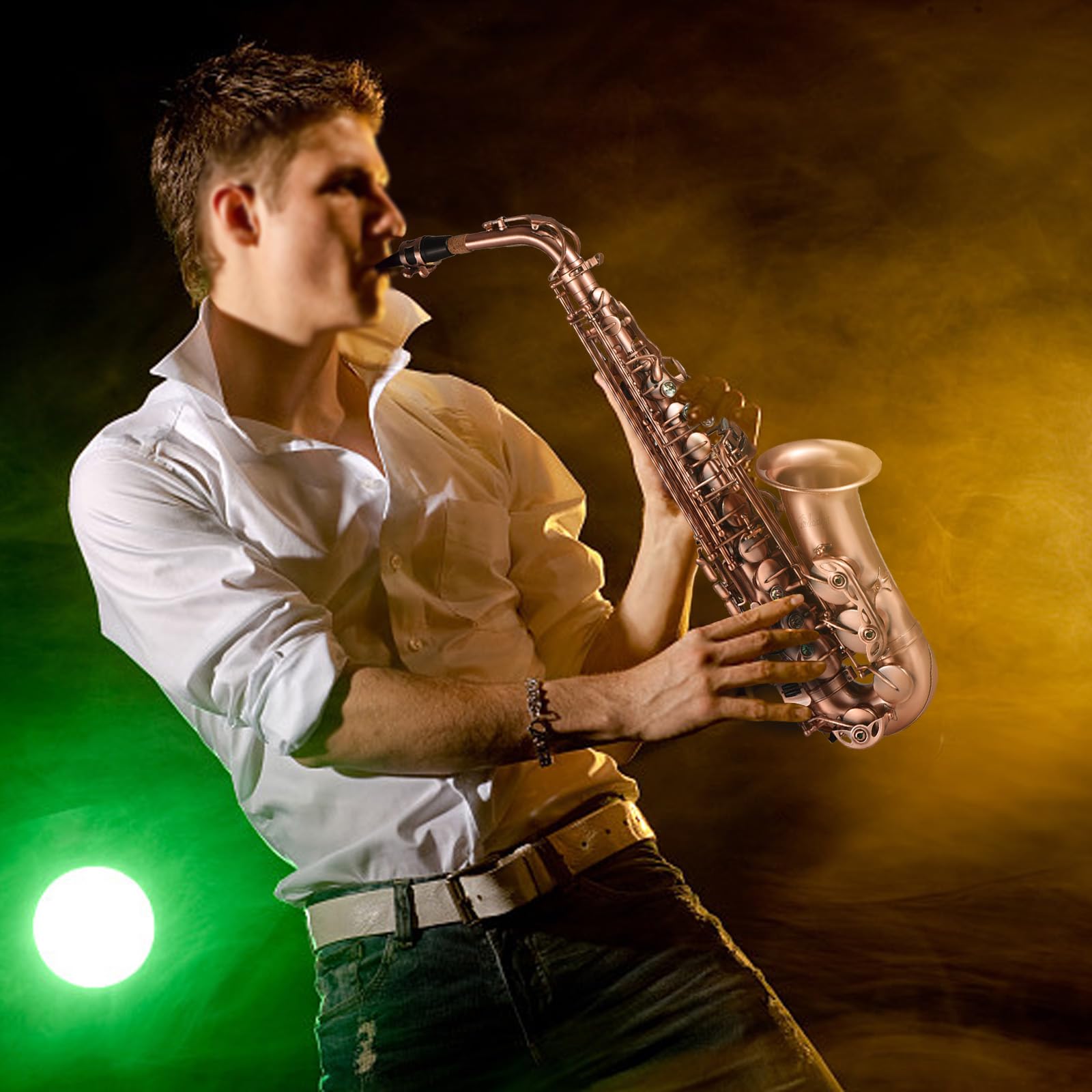 Saxophone alto E-Flat Red Bronze, F#, incrustations clés coquille d'ormeau, coussinets cuir résistant eau, livré étui, gants, chiffon nettoyage, sangles, brosse
