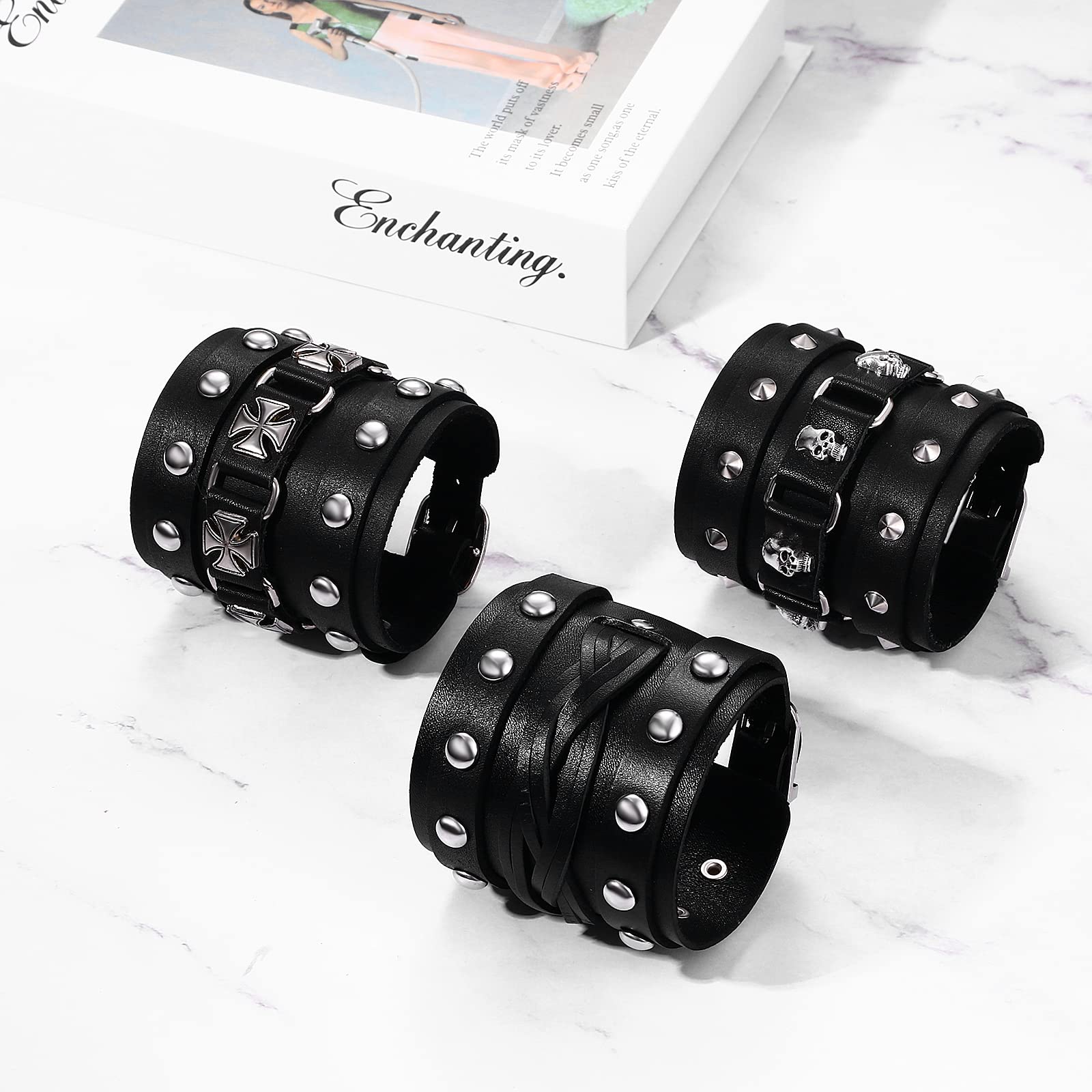 Flongo Bracciale da uomo in pelle, bracciale da forza, stile gotico, punk rock, bracciale a testa di morte da uomo con rivetto e bottone, bracciale da motociclista grande, regalo per uomo