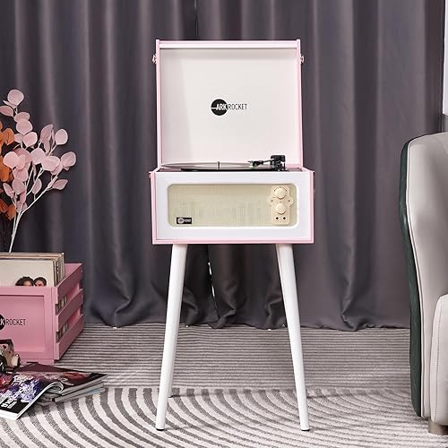 Miniatura 8 de Arkrocket Discovery II tocadiscos Bluetooth de 3 velocidades con consola retro con altavoces integrados y patas extraíbles (rosablanco)