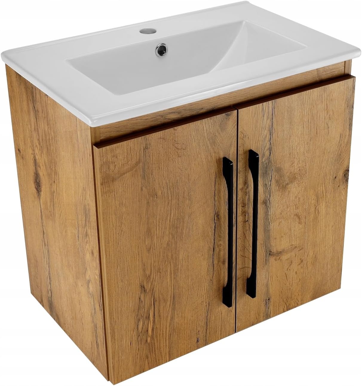 Ensemble Salle De Bains L. 84 Cm Meuble Sous Vasque Décor Chêne Clair + Plan Vasque Blanc Mat