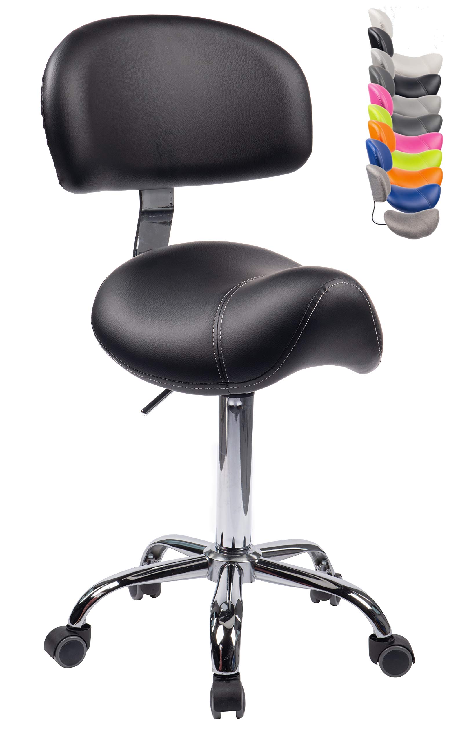 Sattelhocker MULY BIGBACK Sattelstuhl mit Lehne - Sitzhöhe bis ca. 74cm - ergonomischer Rollhocker Arzthocker Arbeitshocker Praxishocker Drehhocker (Lederimitat schwarz)