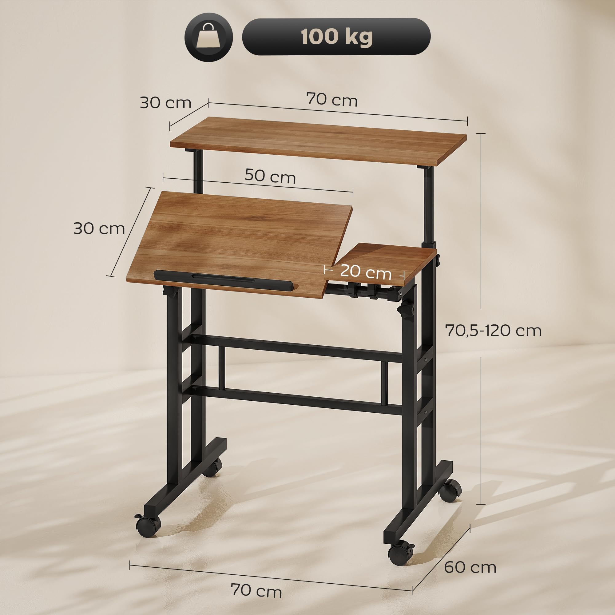 HOMCOM Scrivania sit-stand regolabile in altezza 70x60cm Marrone | Scrivania computer su ruote, piano inclinabile, postazione di lavoro per camera da letto, piccoli spazi