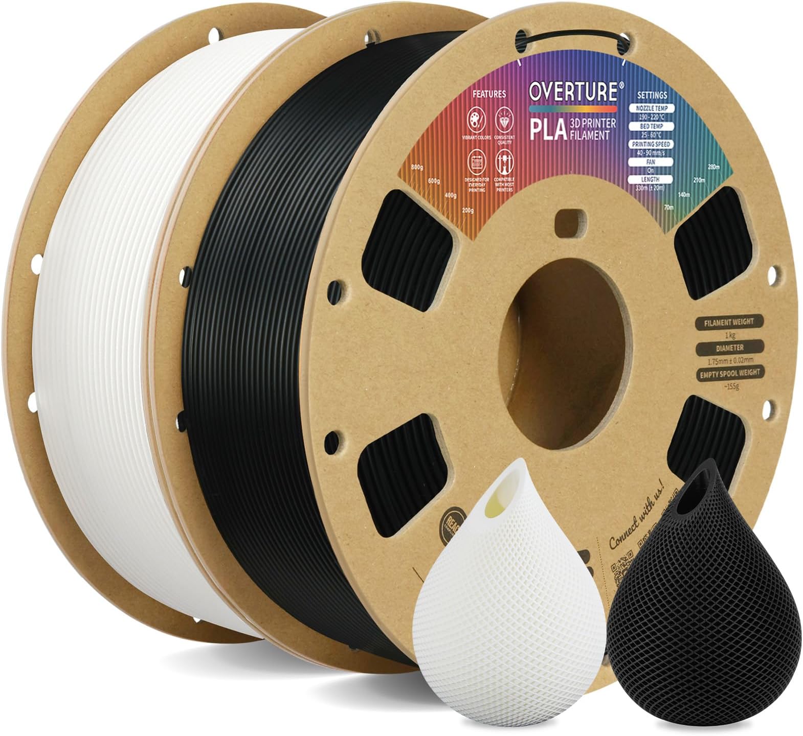 OVERTURE PLA Filament 1.75mm PLA 3D Printer Filament, 2kg Cardboard Spool (4.4lbs), Dimensional Accuracy +/- 0.03mm, Fit Most FDM Printer (Black & White)
