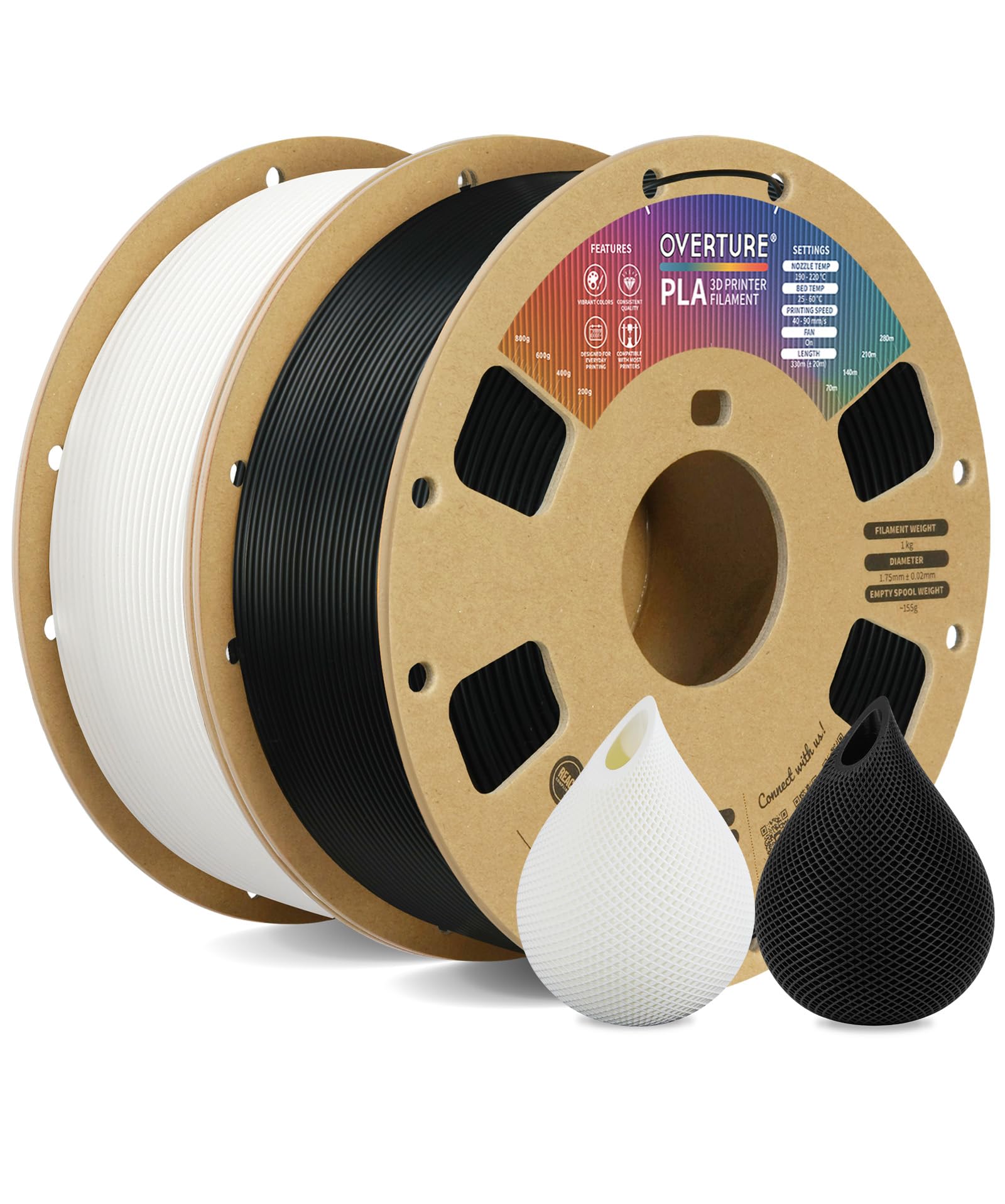 OVERTURE Filamento PLA 1.75mm, 2kg Bobina(4.4lbs), Precisione Dimensionale +/- 0.02 mm, per Stampante 3D (Nero 1kg+Bianco 1kg)