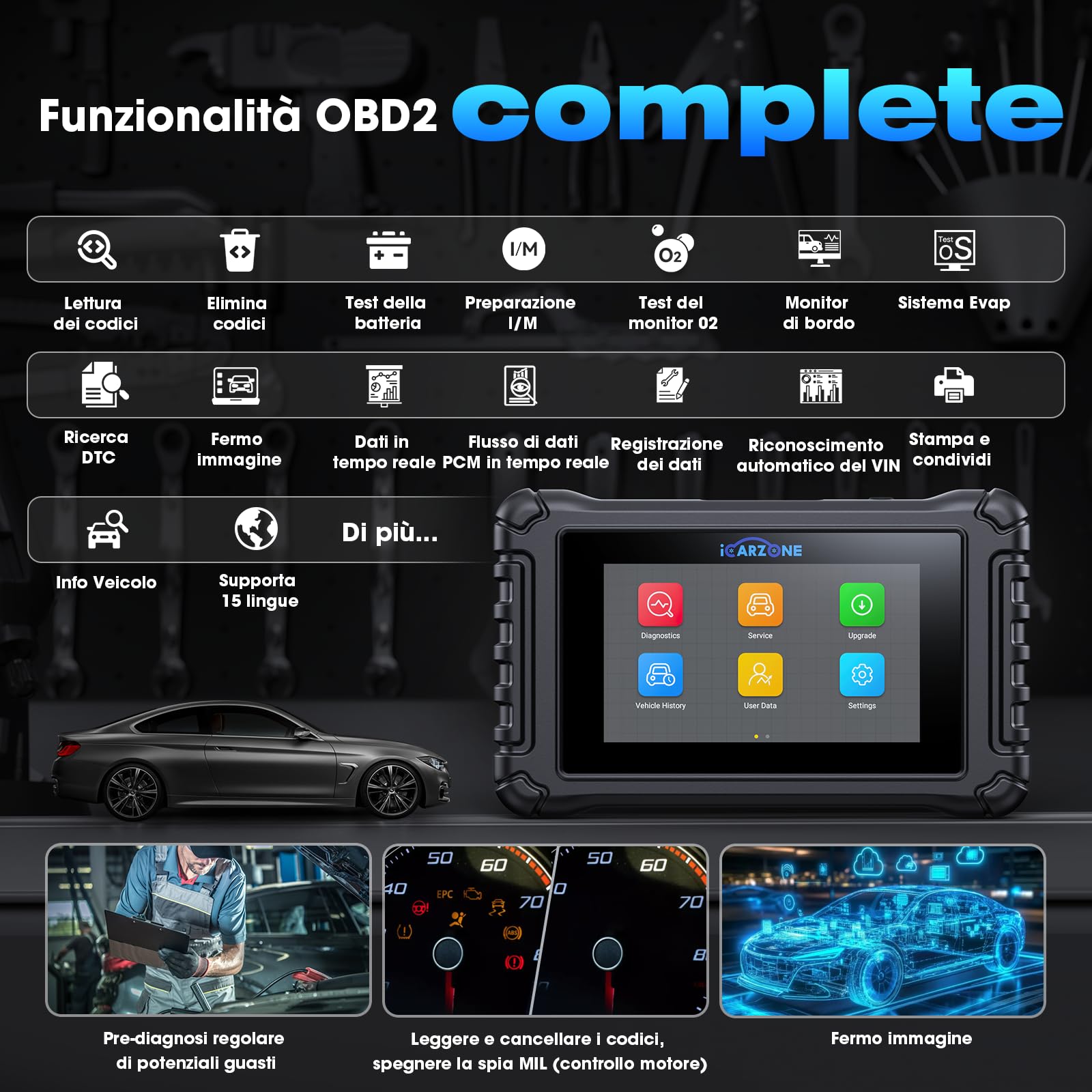 UR600 Diagnosi Auto Professionale in Italiano per 4 Sistemi, Diagnostica per 10000+ Modello, OBD2 Scanner 49 servizi, Test Bidirezionale per Motore/Trasmissione/ABS/SRS, Aggiornamento a Vita