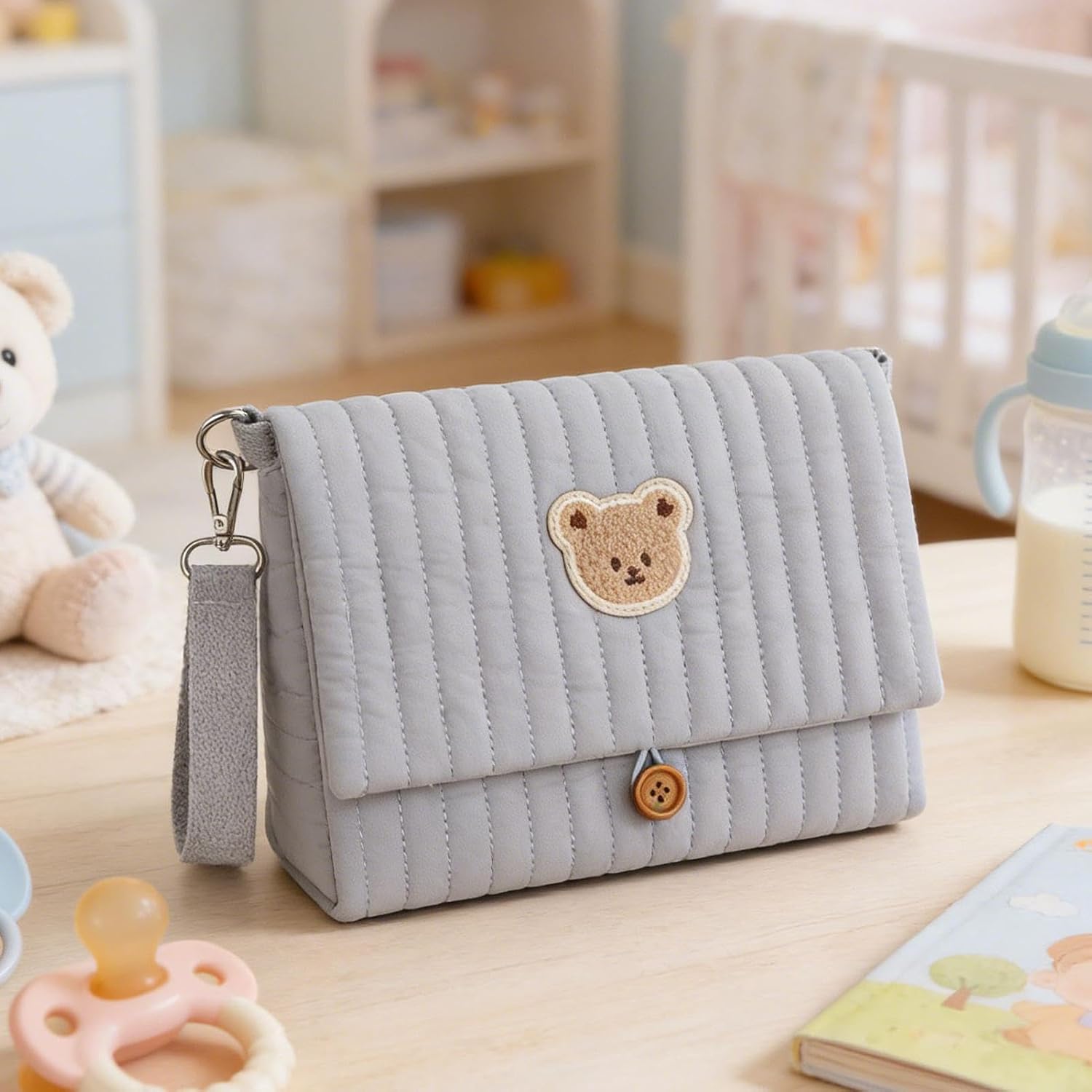 Wipe And Diaper Pouch | Bear Embroidery Foldable Organizer | with Stroller Strap Compartment Diaper Bag Organizers,for Boy