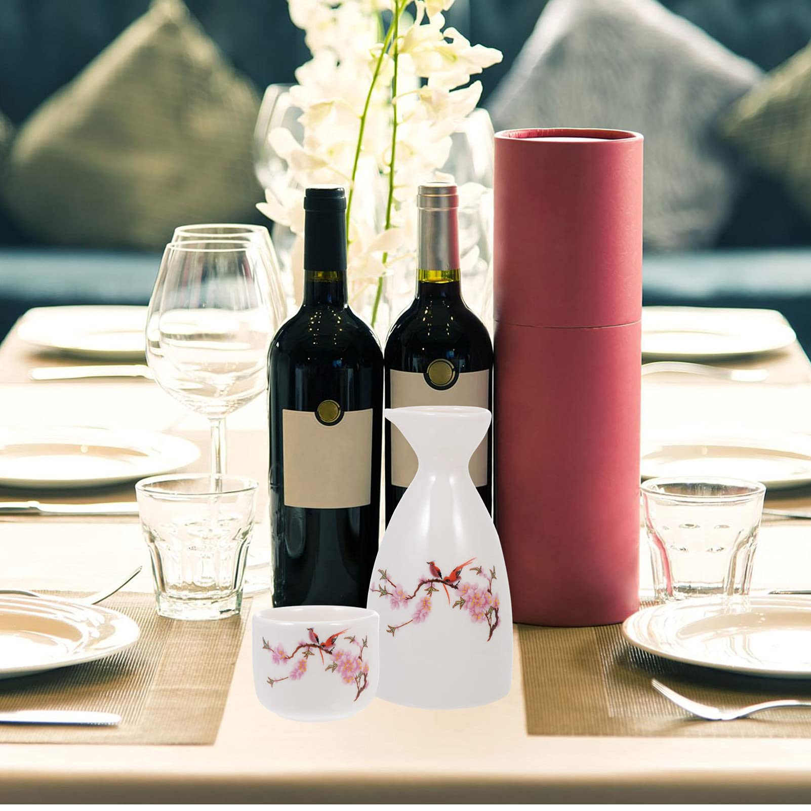 BESTonZON Ceramica Giapponese Sake Set: 1 Porzione Caraffa 6 Tazze Peach Blossom Modello per Sake Caldo O Freddo