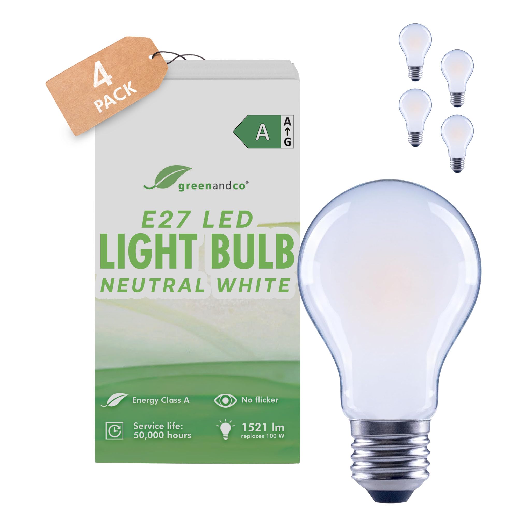 greenandco 4 x LED Filament Light Bulb | Frosted | E27 A60 | 7.2W 1521lm | Replaces 100W | 4000K Neutral White | 320° | 230V | Flicker Free | Energy Class A | Non-dimmable