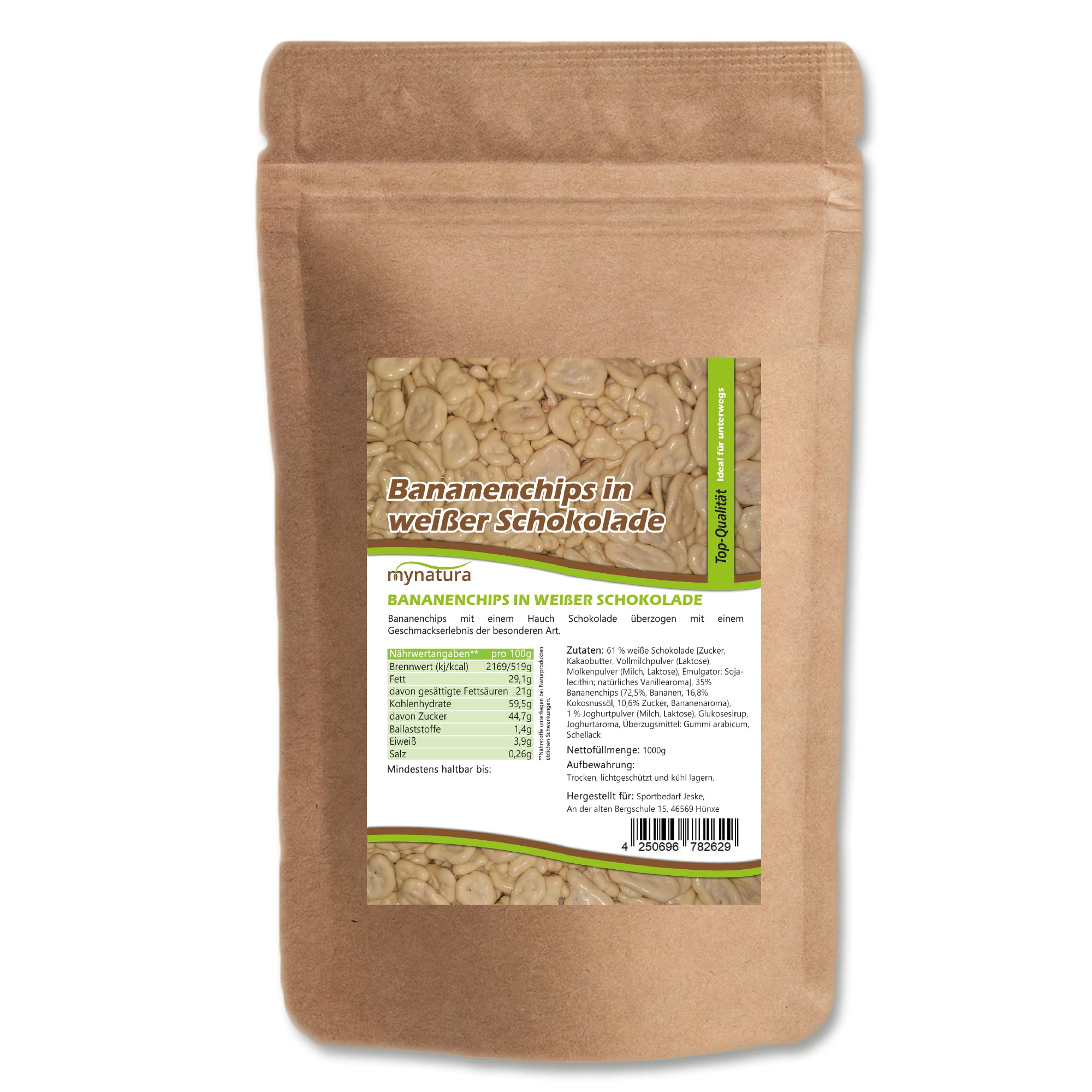 Mynatura Bananenchips, mit weißer Schokolade umhüllt I Schokolade I Banane I Snack I Topping I Süßigkeiten I Im Beutel (1x 1000g)
