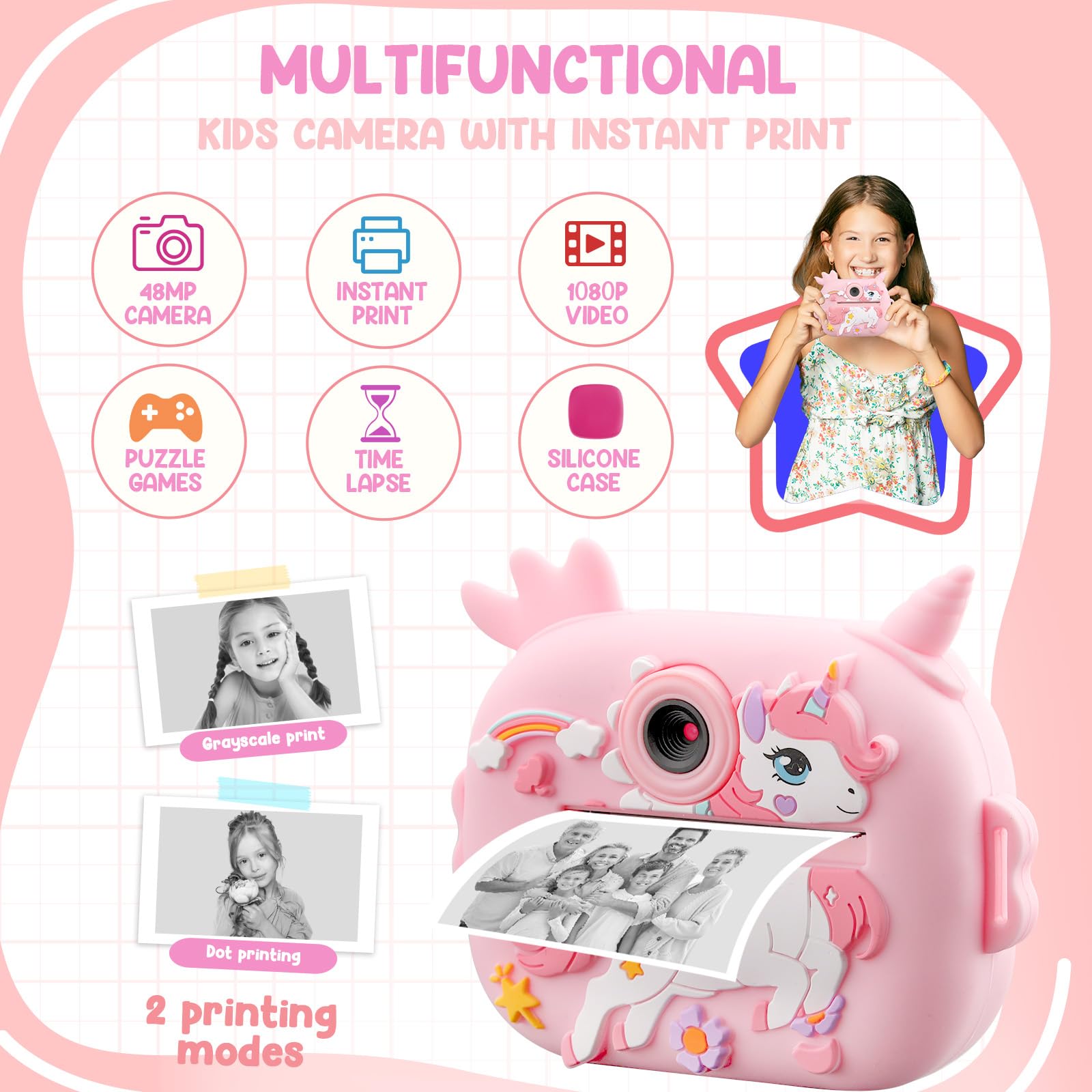 Kinderkamera Sofortbildkamera, 2,4 Zoll Dual Kamera, 1080P Digitalkamera für Kinder, 32 GB Karte, Fotopapier