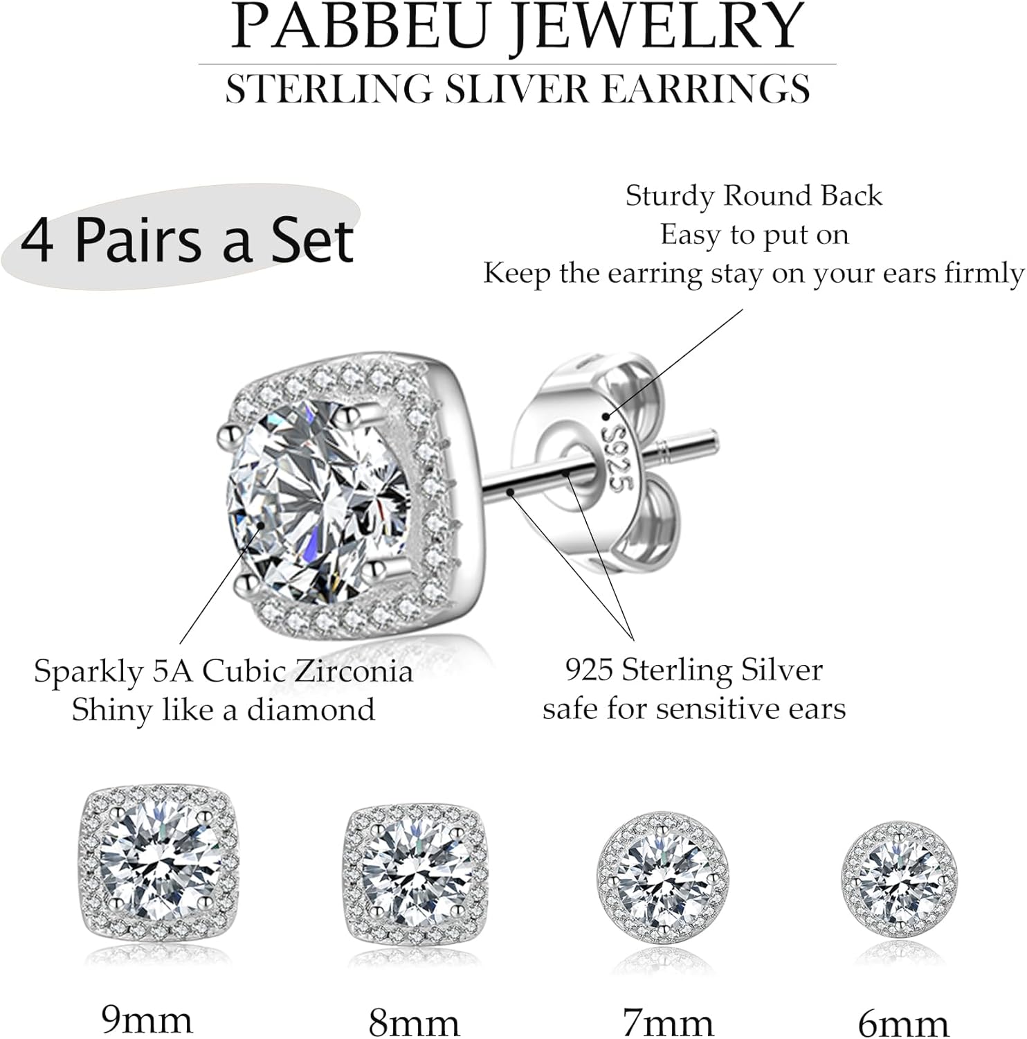 PABBEU 4Pairs Sterling Silver Stud Earrings for Women Hypoallergenic 925 Sterling Silver Earring Studs Small Stacks AAAAA Cubic Zirconia Cartilage SilverStud Earrings Set for Women Gift - Image 2