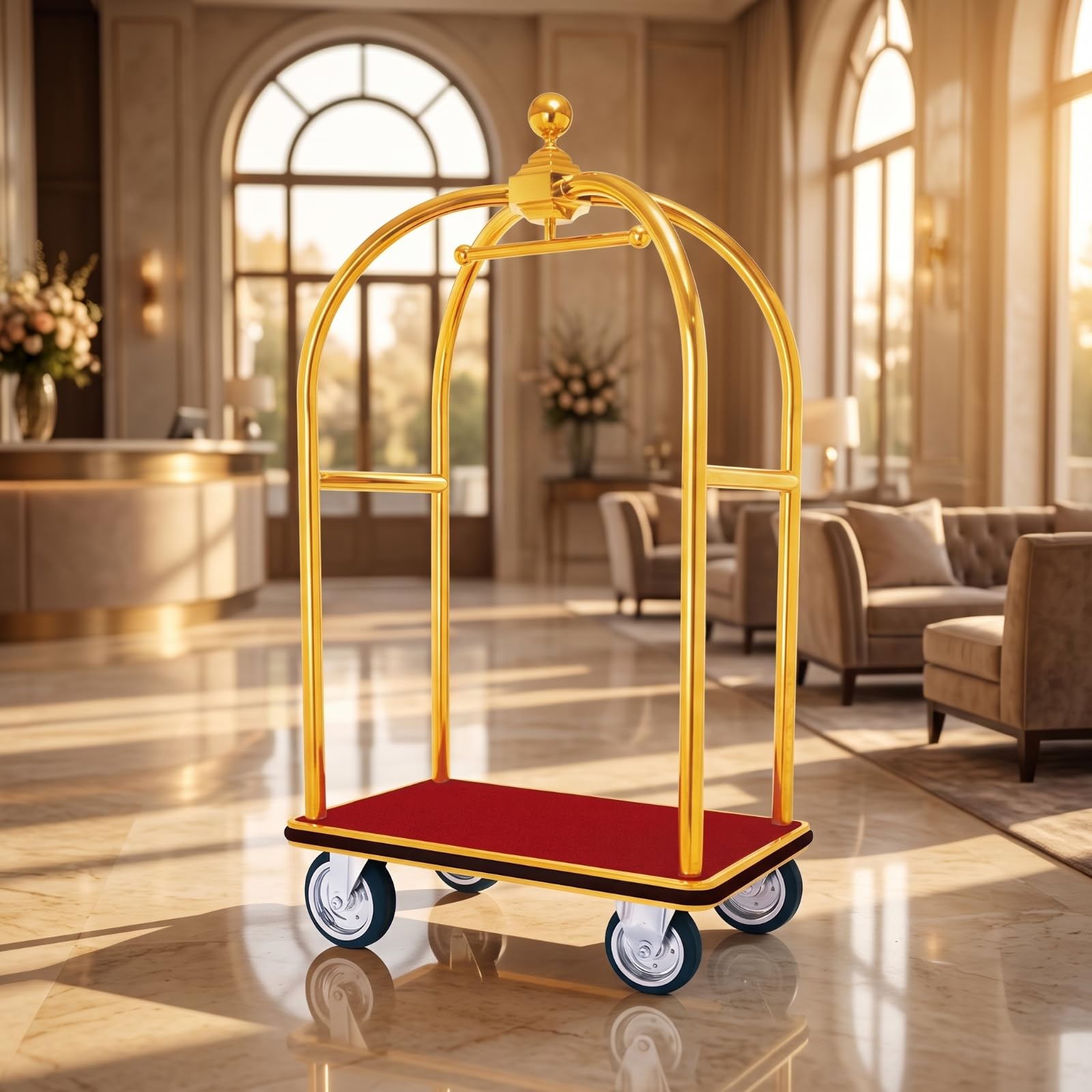 Carrito de Equipaje Carro Maletero Trolley Hotel Diseño Elegante Base Roja Superficie Rectangular Transporte de Maletas Adecuado para Recepción de Hotel Vestíbulo Aeropuerto