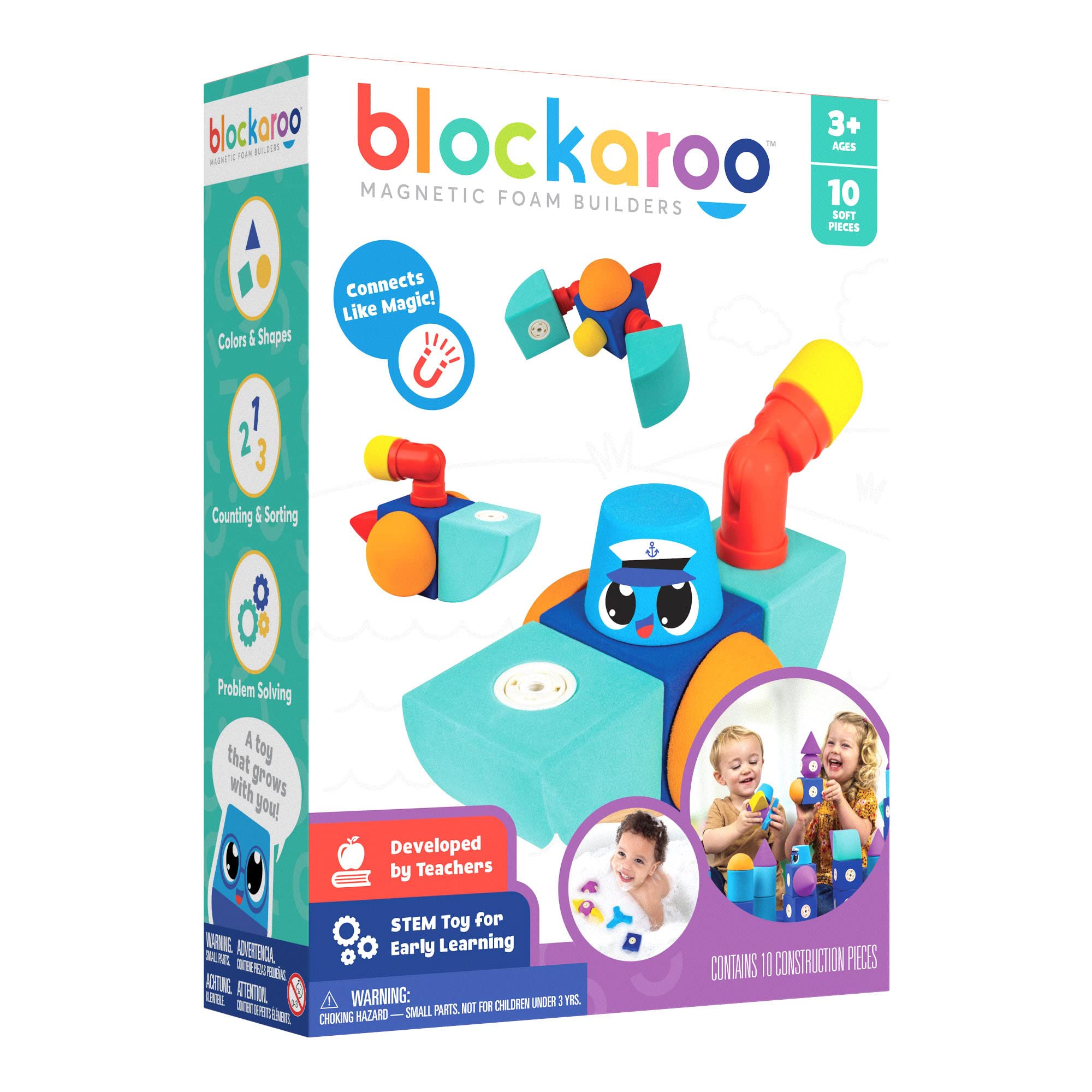 Blockaroo magnetic building blocks, educational game for children, educational water game for creative building, ideal for the bath, tug boat box with 10 building blocks