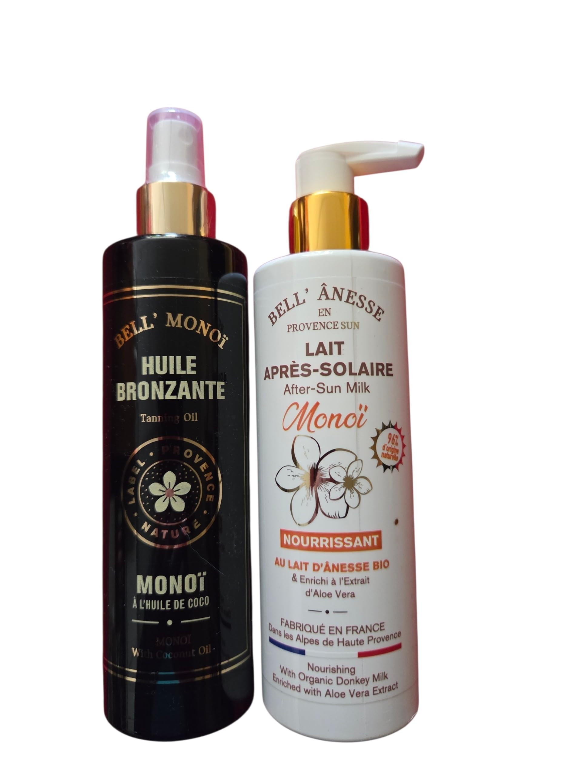 Huile Bronzante avec Huile de Coco et Lait Après-Solaire Monoï Nourrissant, au Lait d'Ânesse Bio, Enrichi à l'Aloe Vera