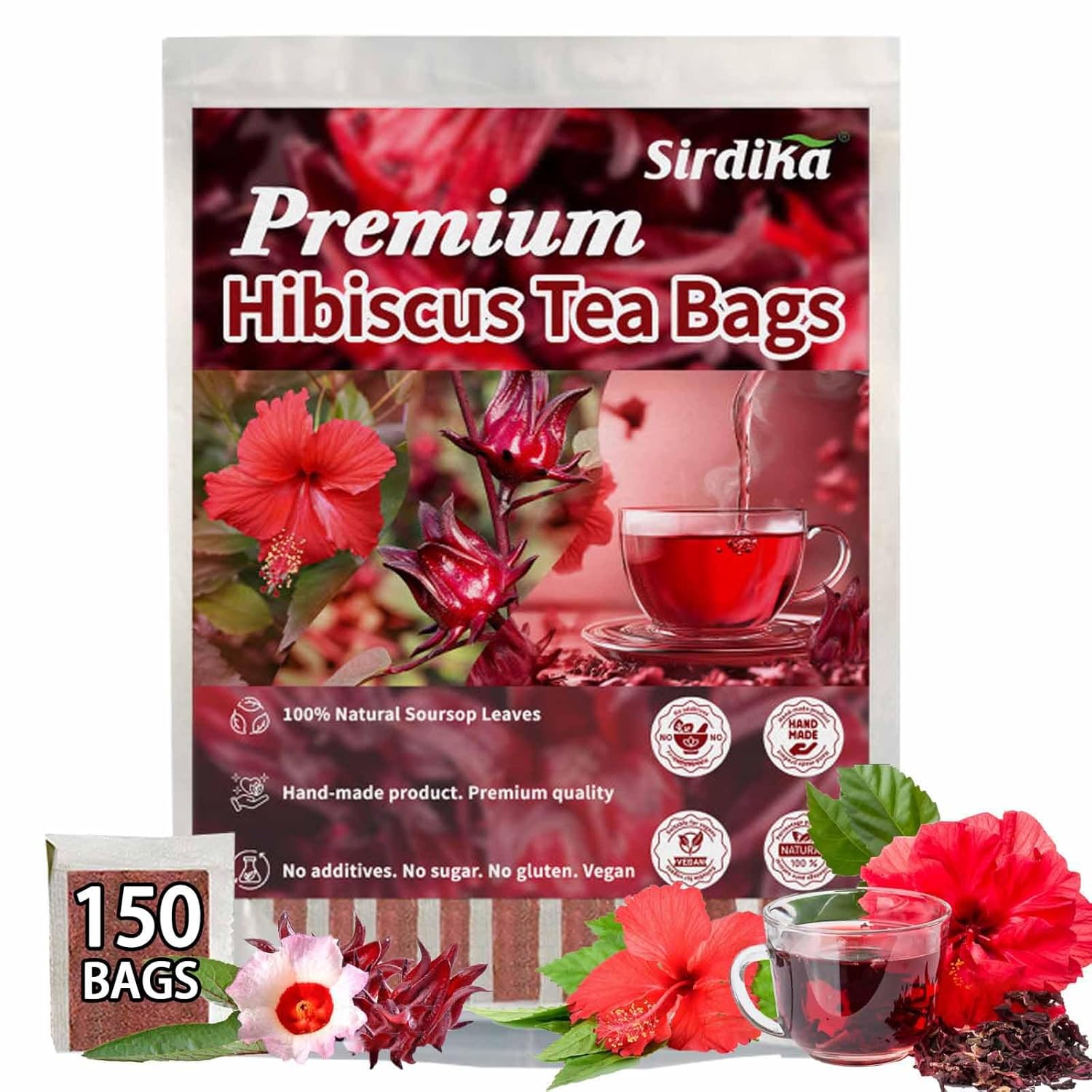 Premium Hibiscus Tea Organic Tea Bags, 100% Natural, Handmade, Pure from Hibiscus Flowers, Natural & No Additives, No Sugar/Caffeine/Gluten, Vegan. (1)
