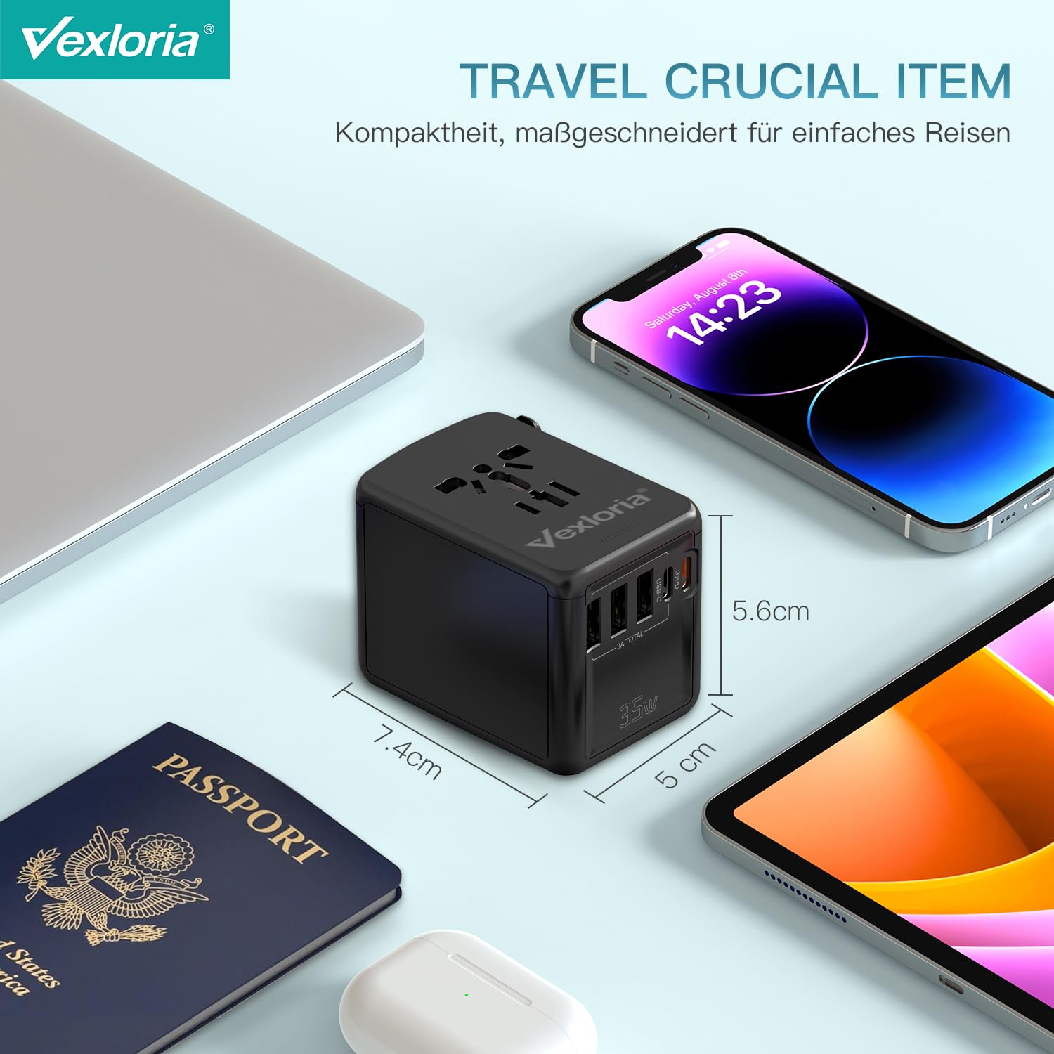 Vexloria Adaptateur Prise Universelle, avec PD35W+3USB A+1 USB C, 5 in1 Travel Adapter Internationale Adaptateur de Voyage pour Les États-Unis, l'Angleterre, la Thaïlande, l'Australie