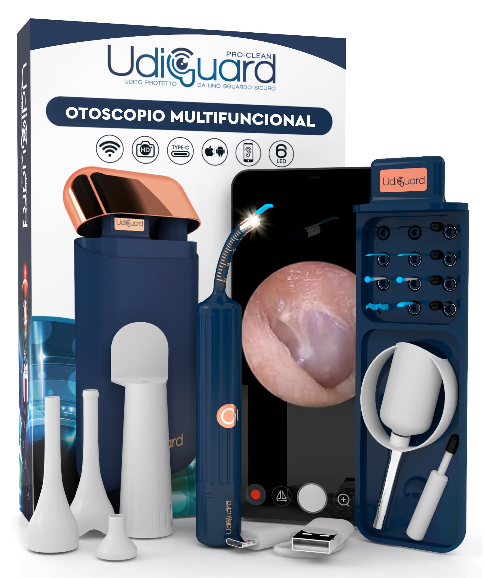 Otoscopio Limpiador de Oídos Cámara HD 10MP WiFi Endoscopio Digital Flexible Oídos UdiGuard Pro-Clean Eliminación Cerumen con Pinzas y Puntas Reemplazables - Kit Otorrinolaringología Adultos y Niños