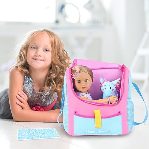 Miniatura 5 de Accesorios para muñecas de 18 pulgadas con bolsa de transporte para muñecas + vestido + 2 horquillas + calcomanía azul + pulsera + elefante de