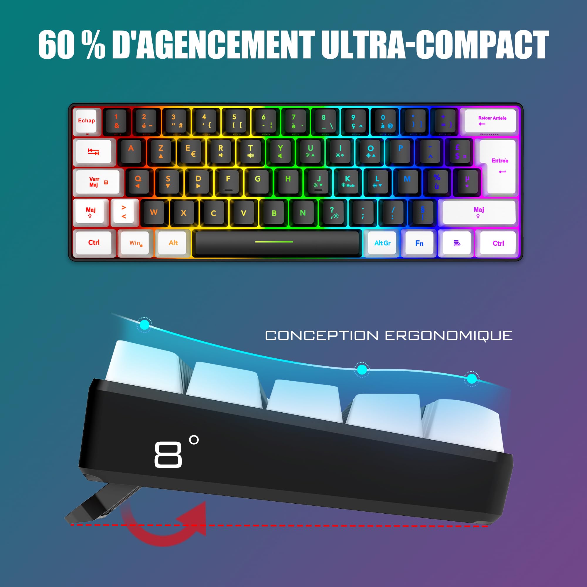 RedThunder 60% Set di tastiera e mouse 2 in 1 Gamer, AZERTY FRANCESE, Mini tastiera ultra-compatta retroilluminata RGB 62 tasti, mouse leggero 6 pulsanti 7200 DPI per PC Mac PS5 Xbox (nero-bianco)