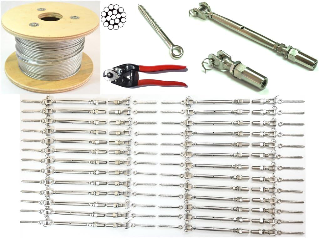 1/8 Cable Railing Kit 42".Stainless Steel 316 Cable 1/8 1*19 250 ft,Tensioner Quick Installation Stainless Steel 316 26-Pack,Welded Fork Swageless 26-Pack,Eye Terminal With Wood Screw 52-Pack 1 Cutter