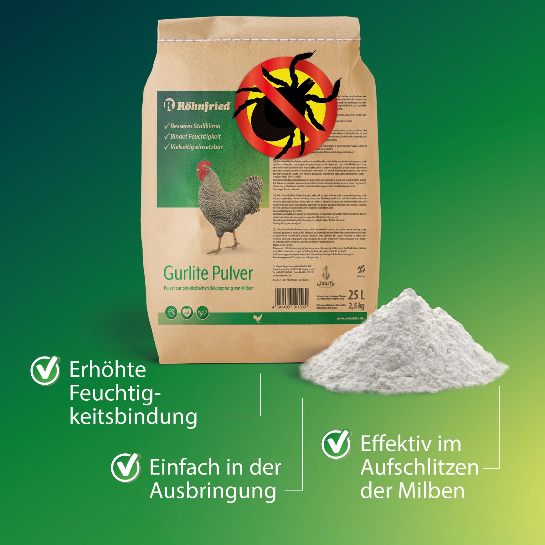 Röhnfried Gurlite® Pulver - 25 L - Effektiver Schutz gegen rote Milbe, Vogelmilben, Läusen, Flöhe, Zecken & Parasiten - Naturprodukt für den Hühnerstall - für Hühner, Wachteln & anderes Geflügel
