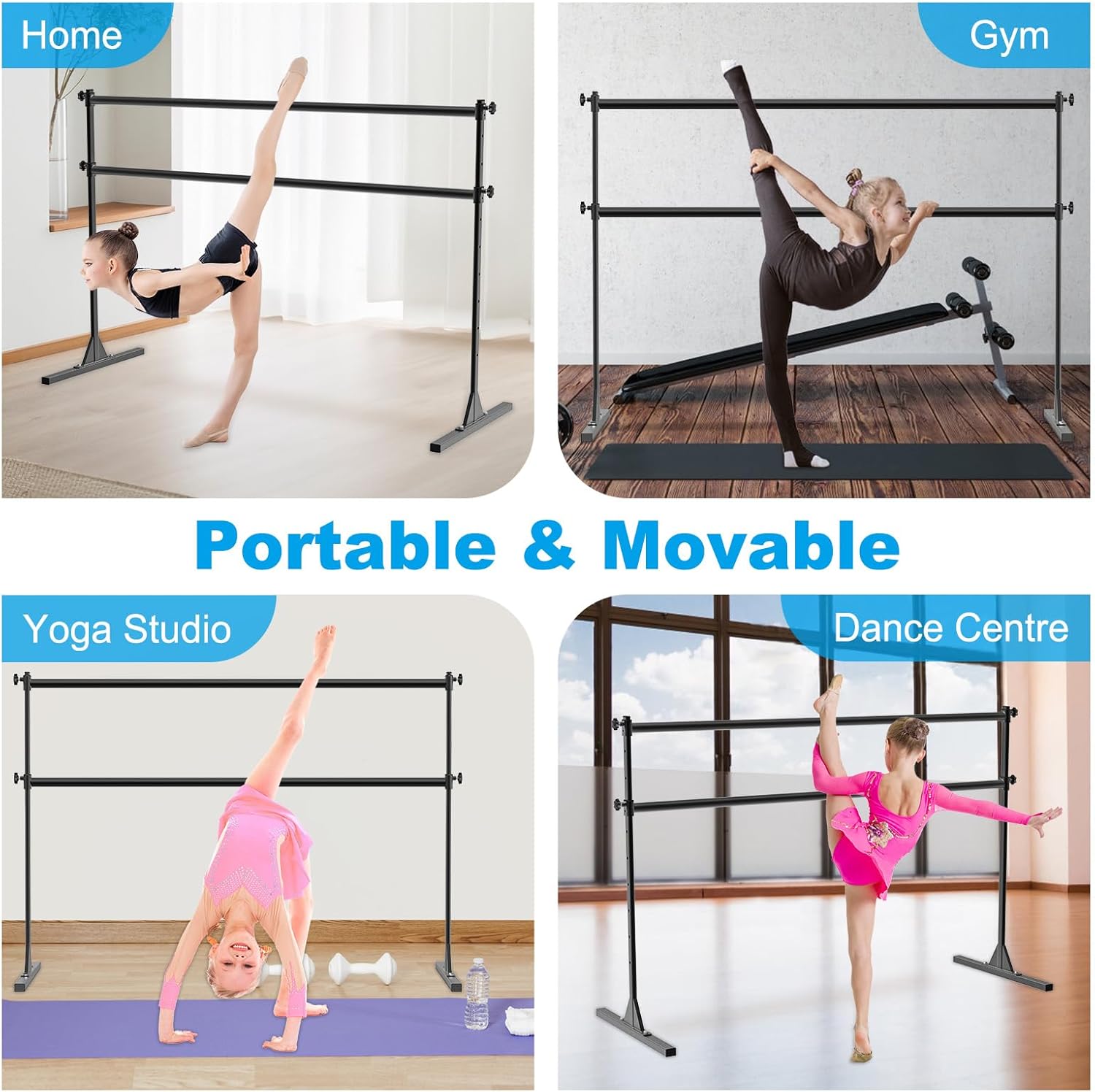 BeneLabel 4FT/5FT/6FT Height Adjustable Freestanding Ballet Barre with Fabric Sleeve Portable Double Ballet Bar 350 lbs Capacity Heavy Duty Dance Barre for Home Workout, Stretch